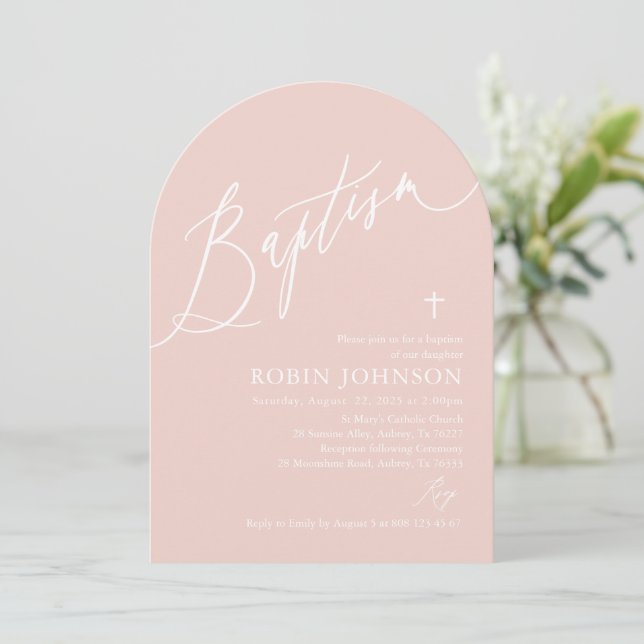 Arch Modern Dusty Pink Cross Baby Girl Baptism Invitation (Standing Front)