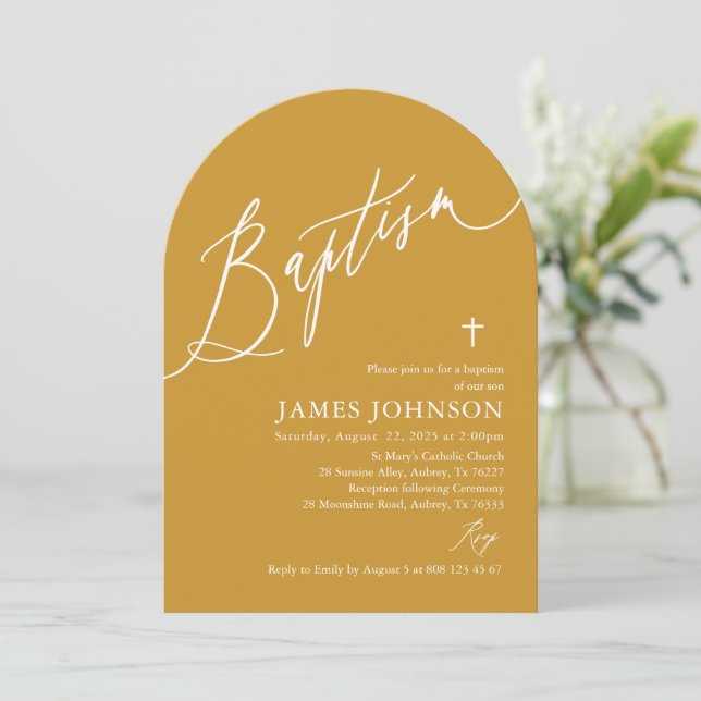 Arch Modern Minimalist Mustard Yellow Baptism Invitation (Standing Front)