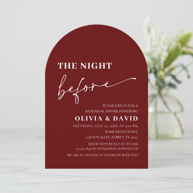 Arch Modern Red The Night Before Rehearsal Dinner Invitation (Standing Front)