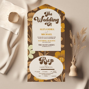 Arch Modern Retro 70s Floral Wedding All In One Invitation