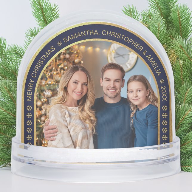 Arch Navy Blue Faux Gold Christmas Family Photo  Snowglobe (Creator Uploaded)