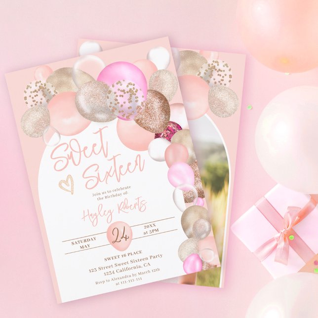 Arch pastel Boho glitter balloons pink Sweet 16 Invitation (Creator Uploaded)