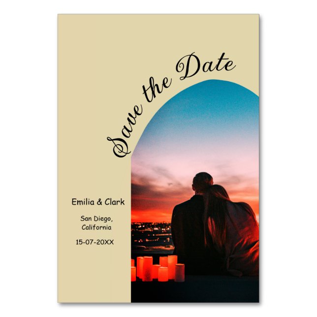 arch photo beige boho save the date QR modern Table Number (Front)