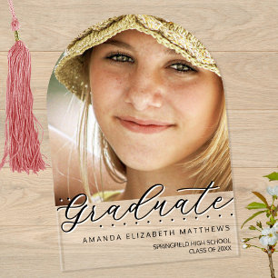 Arch Photo Black And White Girly Script Graduation Acrylic Invitations
