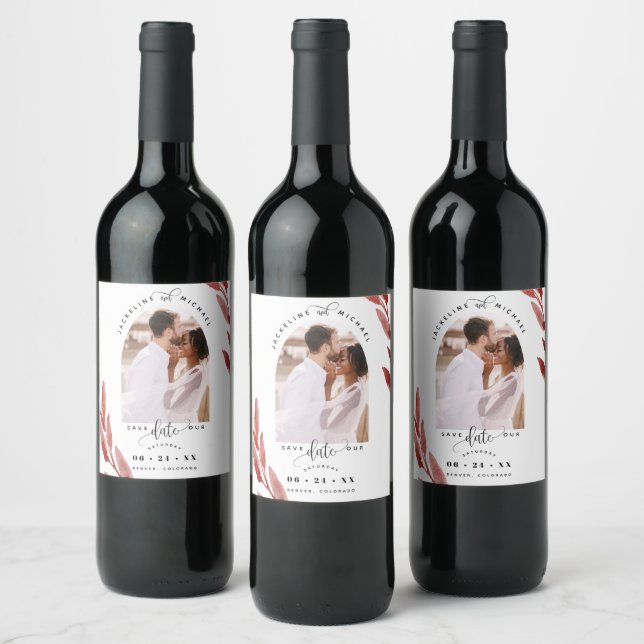 Arch Photo, Burgundy leaves Wedding Save the Date Wine Label (Bottles)
