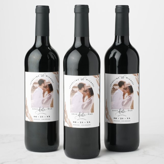 Arch Photo, Copper Leaves Wedding Save the Date Wine Label (Bottles)
