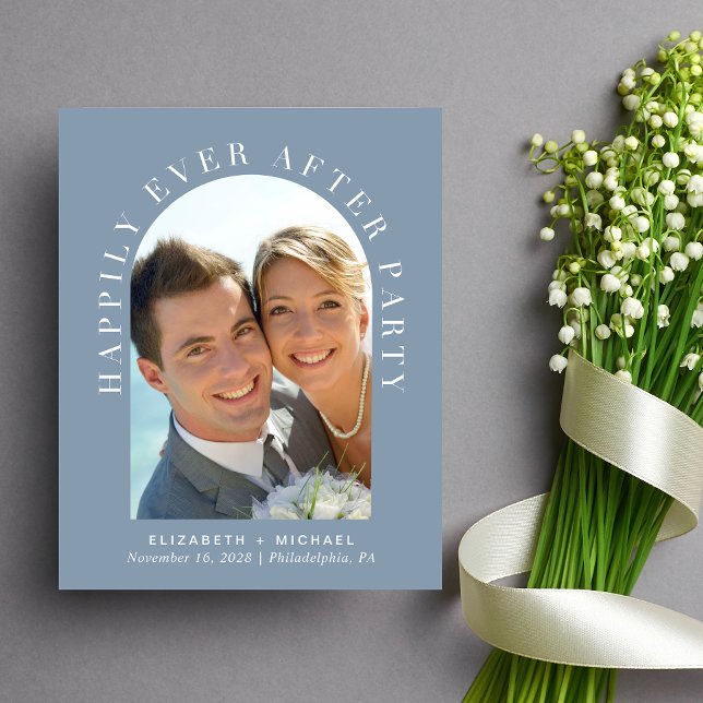 Arch Photo Dusty Blue Wedding Reception Invitation (Celebrate your love story with an invitation showcasing your favorite photo in an elegant arch frame)