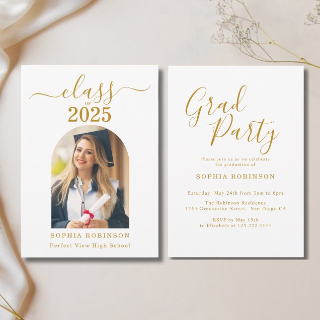 Arch Photo Elegant Gold Script Graduation Party Invitation (Creator Uploaded)