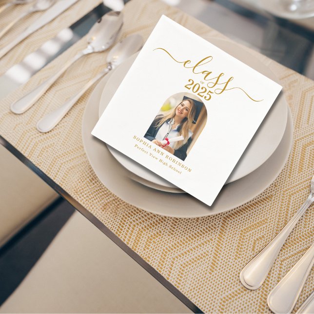 Arch Photo Elegant Gold Script Graduation Party Napkin (Creator Uploaded)