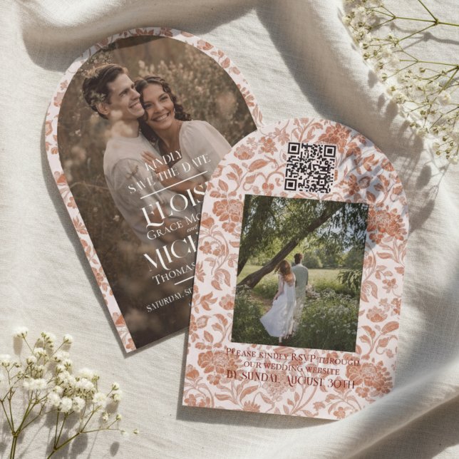 Arch Photo Floral Toile Script Save the Date Invitation (Formally invite guests to your big day with this Arch Photo Floral Toile Script Save the Date!)
