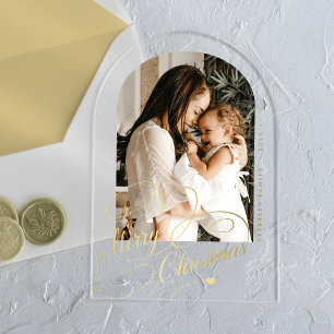 Arch photo gold Merry Christmas chic holiday card Acrylic Invitations