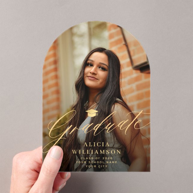 Arch photo gold script graduation announcement (Insitu (Handheld))