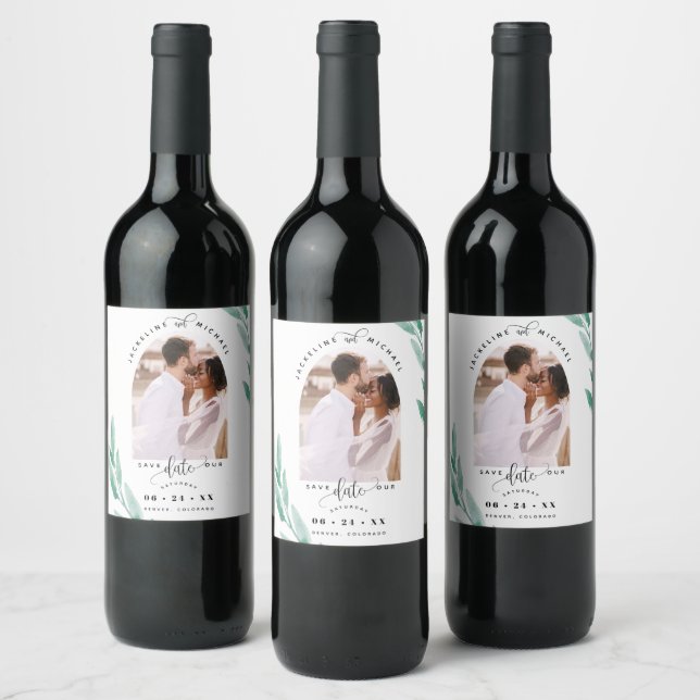 Arch Photo, Green Leaves Wedding Save the Date Wine Label (Bottles)