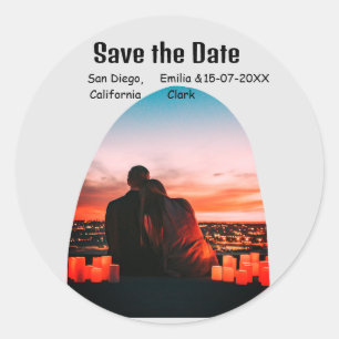 arch photo grey boho save the date QR modern rusti Classic Round Sticker