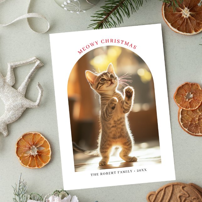 Arch Photo Meowy Christmas Red Naughty Cute Cat Holiday Card (Creator Uploaded)