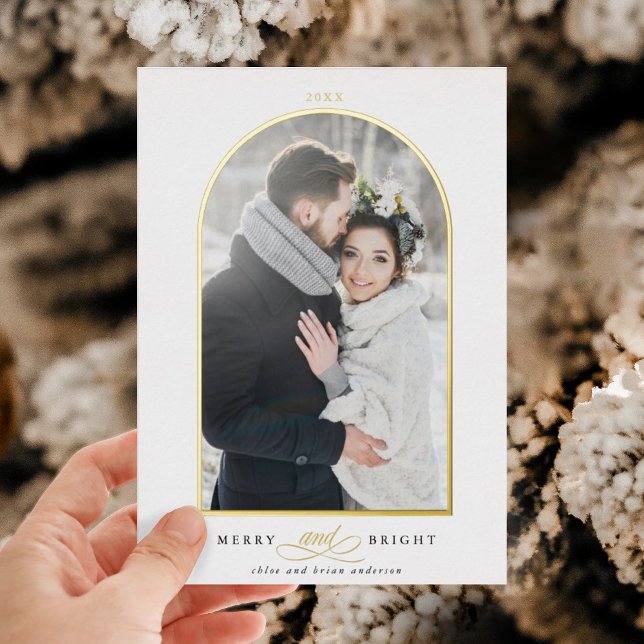 Arch Photo Merry & Bright Gold Foil Holiday Card (Creator Uploaded)