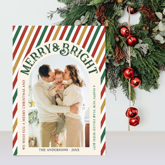 Arch Photo Merry Bright Retro Multicolor Stripes   Holiday Card