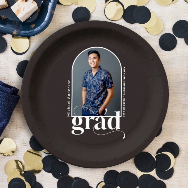  Arch Photo Modern Grad Black Graduation Party Paper Plate (Creator Uploaded)