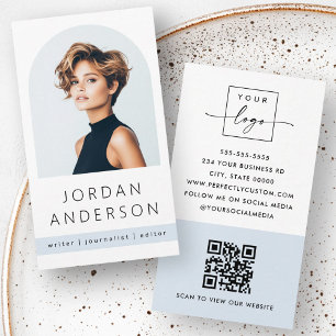 Arch photo modern minimal light dusty blue QR logo Business Card