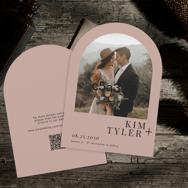 Arch photo QR CODE modern dusty rose wedding Save The Date (Creator Uploaded)