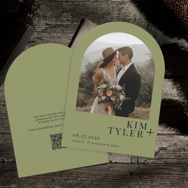 Arch photo QR CODE modern olive green wedding Save The Date (Creator Uploaded)