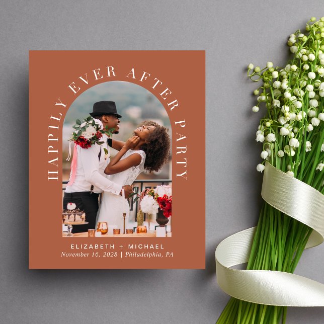 Arch Photo Terracotta Wedding Reception Invitation (Celebrate your love story with an invitation showcasing your favorite photo in an elegant arch frame)