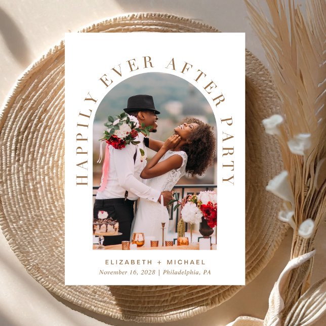 Arch Photo White Gold Wedding Reception Invitation (Celebrate your love story with an invitation showcasing your favorite photo in an elegant arch frame)