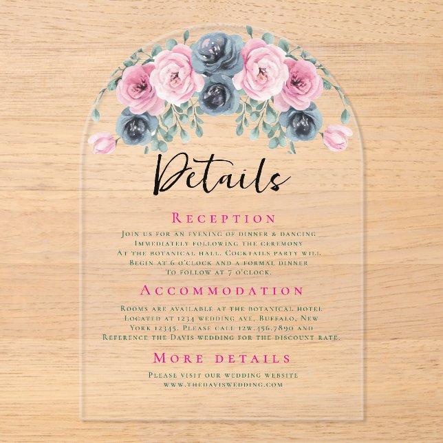 Arch Pink and Blue Blooms Wedding Details Acrylic Invitations (Front)