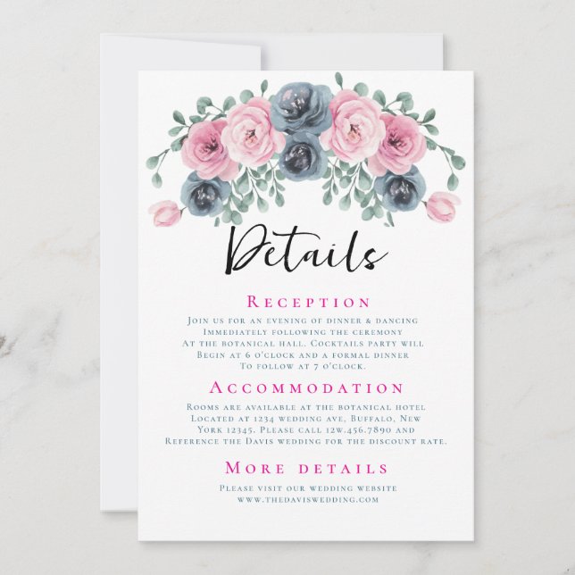 Arch Pink and Blue Blooms Wedding Details Invitation (Front)