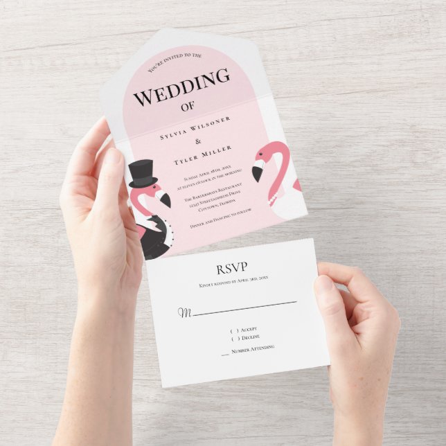 Arch Pink Flamingo Wedding All In One Invitation (Tearaway)