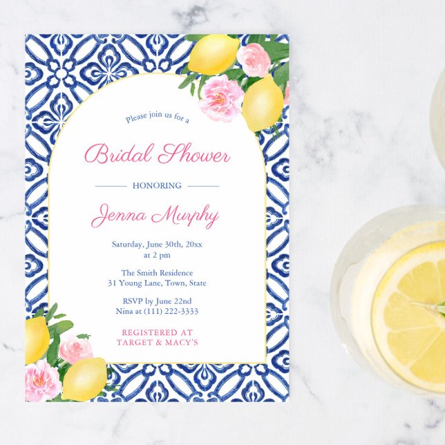 Arch Positano Lemons Blue Tiles Wedding Shower Invitation (Arch shape pink flowers positano lemons bridal shower invitations)