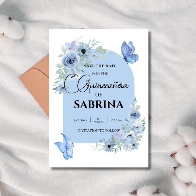 arch Quinceanera Floral Baby Blue butterflies Save The Date (Creator Uploaded)