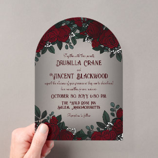 Arch Red Roses Baby's Breath Dark Romance Wedding Acrylic Invitations