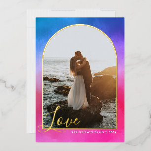 Arch Script Love Painted Pink Blue Vertical Real Foil Holiday Card