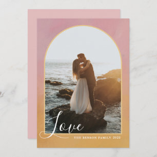 Arch Script Love Painted Pink Gold Vertical Holiday Card