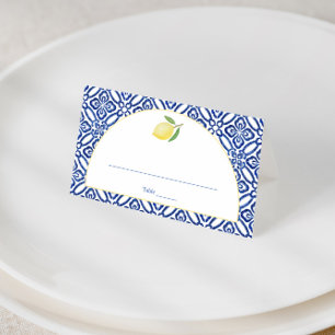 Arch Shape Amalfi Lemon Blue Tile Print Wedding Place Card