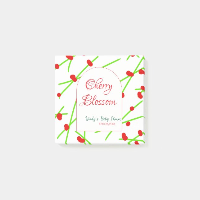 Arch shape cherry blossom red green baby shower na post-it notes (Front)