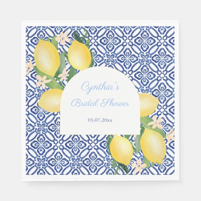 Arch Shape Italian Lemons Blue Tiles Bridal Shower Napkin (Front)