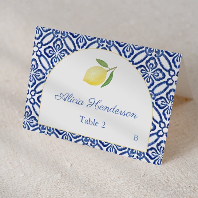 Arch Shape Lemon Blue Tiles Wedding Place Card (Blue and white Italian tiles with arch and single watercolor lemon individual place card for wedding)