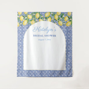 Arch Shape Lemons Blue Tiles Bridal Shower Welcome Tapestry
