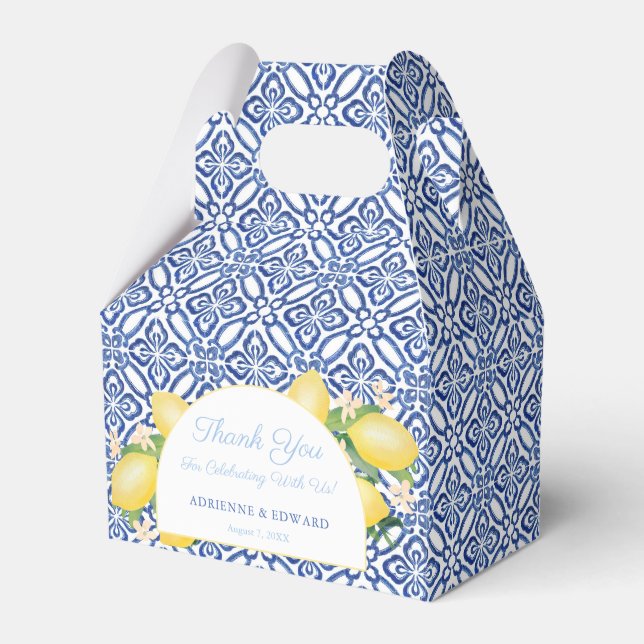 Arch Shape Mediterranean Lemons Blue Tiles Wedding Favour Box (Front Side)