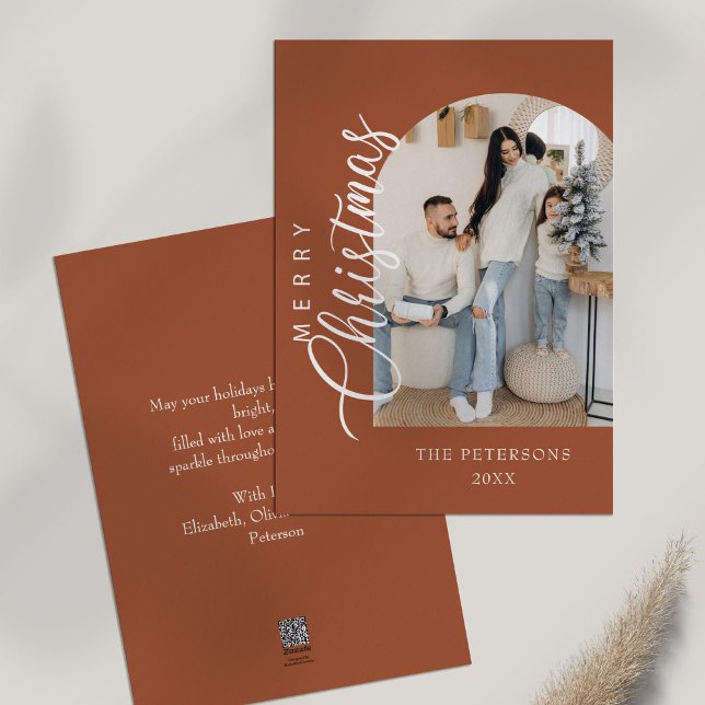 Arch Shape Terracotta Photo Christmas Greeting Holiday Card (Arch Shape Terracotta Photo Christmas Greeting Holiday Card on a white table.)
