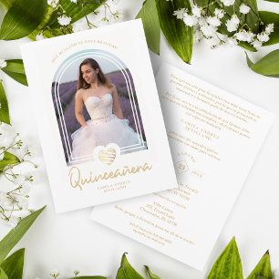 Arch Spanish Modern White Heart Photo Quinceañera Invitation