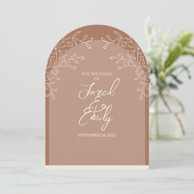 Arch Style Mocha Brown Wedding Invitation QR Code (Standing Front)