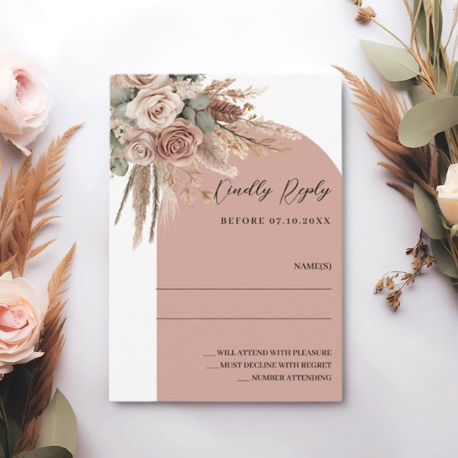 Arch wedding response RSVP beige taupe Card (Creator Uploaded)
