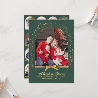 Arch What a Year Gold Bow Multi Photo Christmas Card