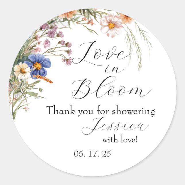 Arch Wildflower "Love in Bloom" Bridal Shower Invi Classic Round Sticker (Front)