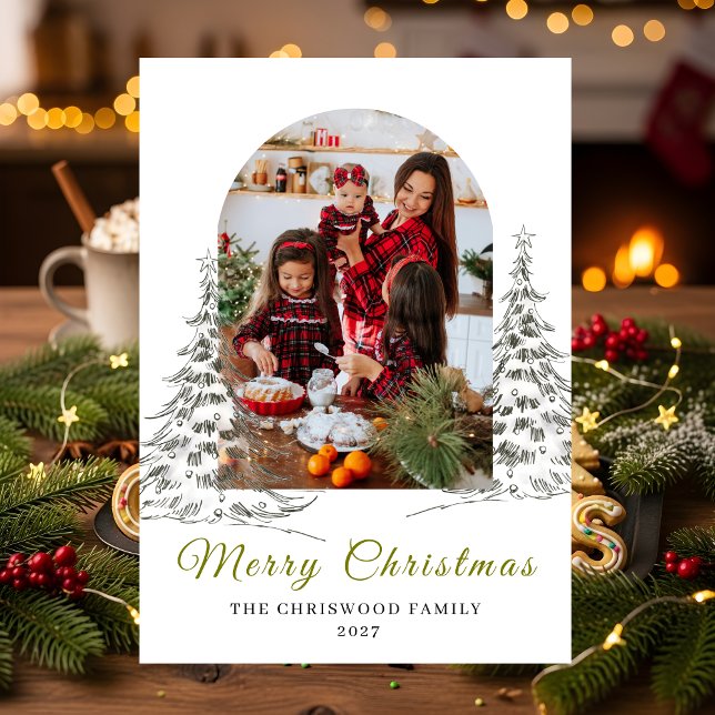 Arch Window Sketch Tree Holiday Photo Card (Creator Uploaded)
