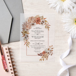 Arch with autumn flower arrangement fall wedding vellum invitations