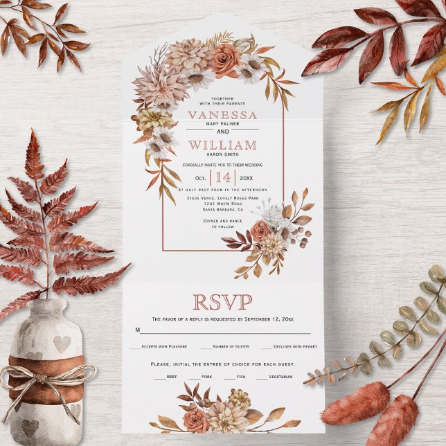 Arch with autumn flowers and leaves fall wedding all in one invitation (Creator Uploaded)